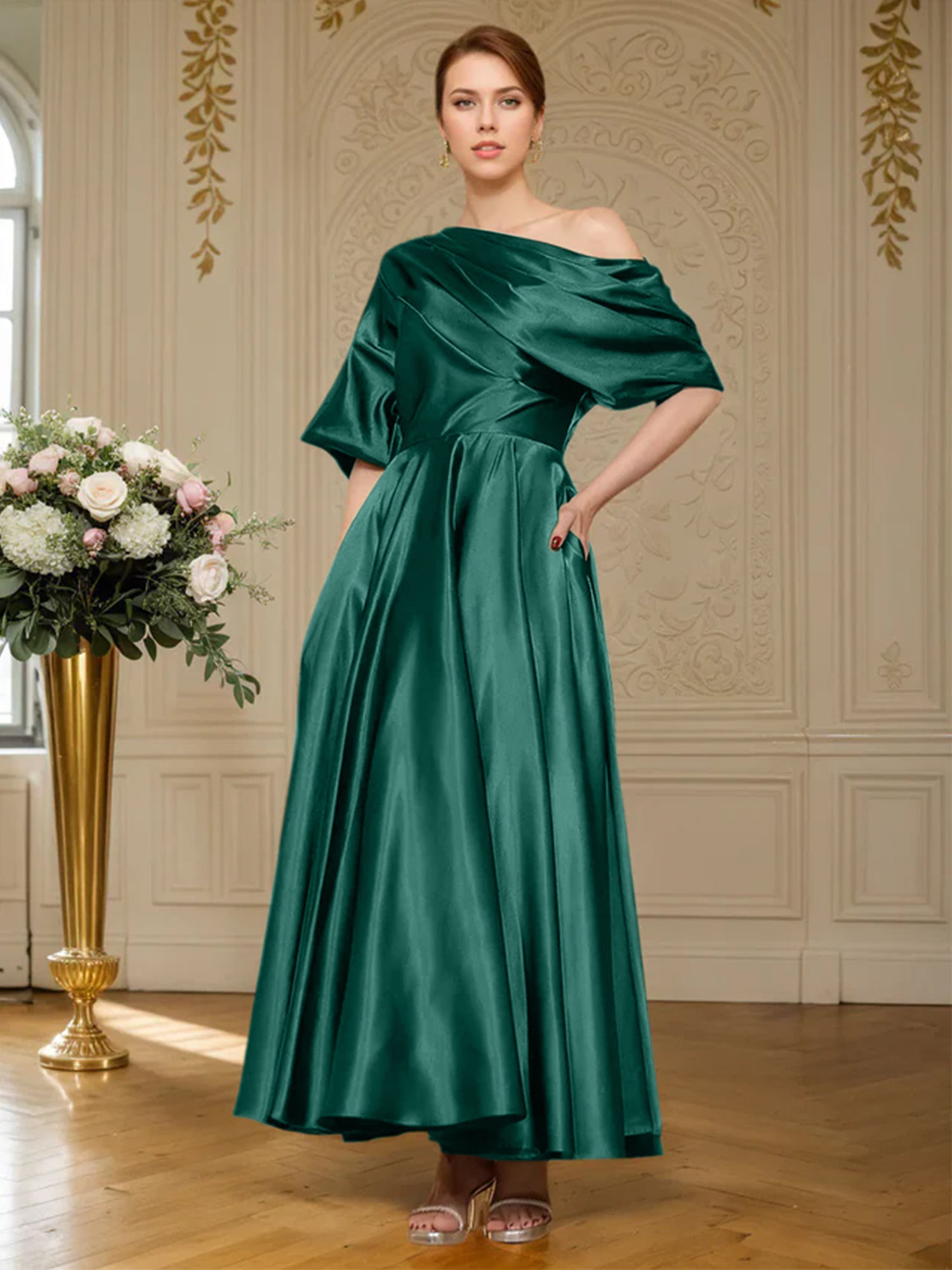 A-Linien Kurzarm plissiertes knöchellanges seidenähnliches Satin Kleid für die Brautmutter