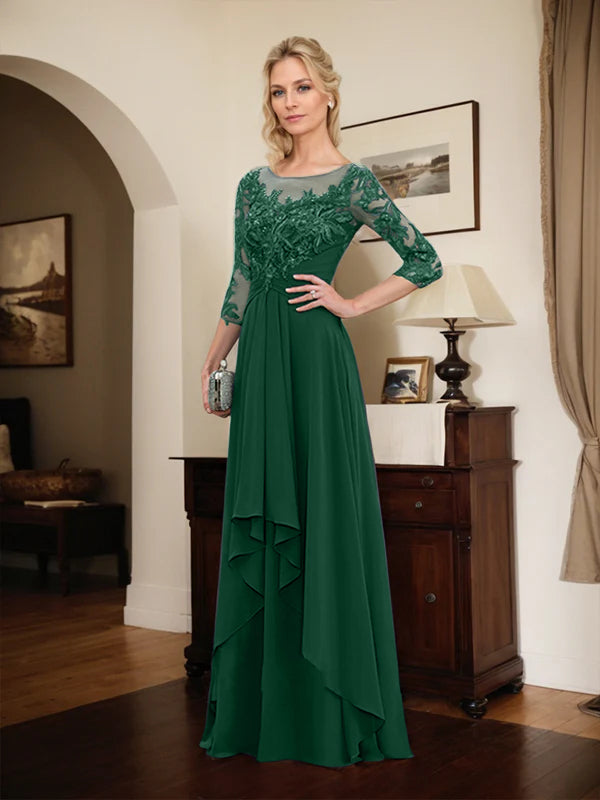 Robe mère de la mariée en ligne A avec col rond illusion, dentelle et chiffon longueur sol avec volants en cascade
