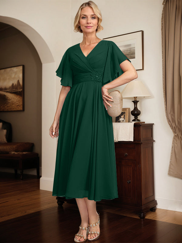 A-Linien Kleid mit V-Ausschnitt, tea-length Chiffon, Mutter der Braut mit plissierten Perlen