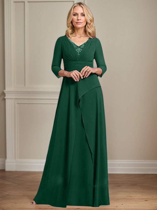 A-Linien Chiffon-Mutter-der-Braut-Kleid mit V-Ausschnitt, bodenlang, plissierte Perlenverzierung