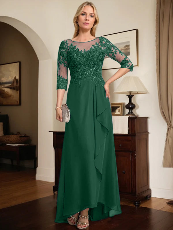 A-Linien Rundhals Illusions-Asymmetrische Spitze Chiffon Brautmutterkleid mit Pailletten und fallenden Rüschen