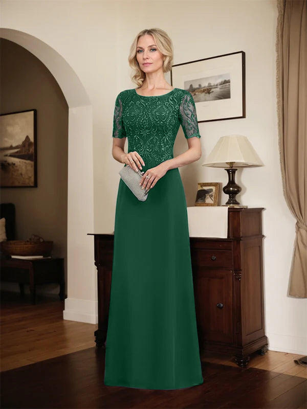 A-Linien Spitzen-Chiffon-Mutter-der-Braut-Kleid mit Rundhalsausschnitt, bodenlang und Pailletten