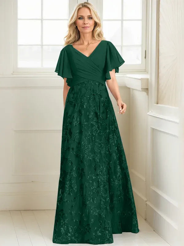 Vestido de madre de la novia en línea A con escote en V, largo hasta el suelo, encaje, lentejuelas y gasa plisada