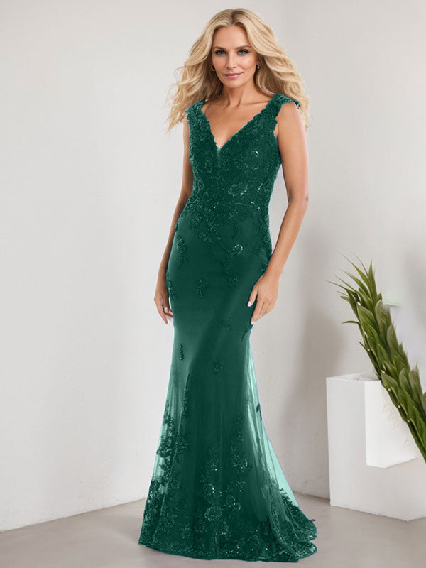 A-Linien V-Ausschnitt bodenlanges Spitzen-Chiffon Kleid für die Brautmutter mit Applikationen und Pailletten Meerjungfrauenkleid