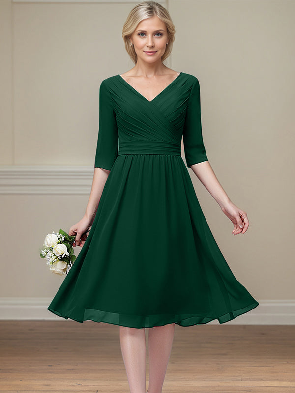 Dark Green A-line V-Neck Tea-Length Chiffon Mother of the Bride Dress With Pleated