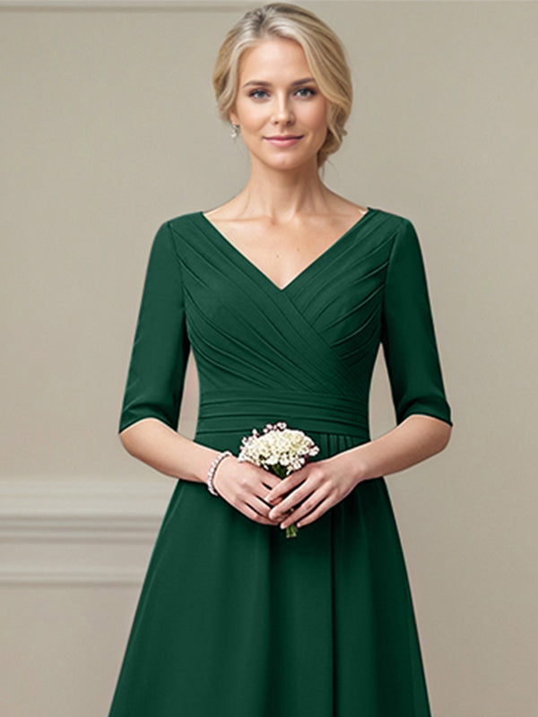 Dark Green A-line V-Neck Tea-Length Chiffon Mother of the Bride Dress With Pleated