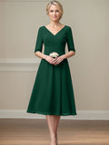 Dark Green A-line V-Neck Tea-Length Chiffon Mother of the Bride Dress With Pleated