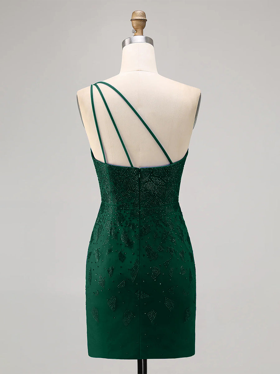 Dark Green Bodycon One Shoulder Beaded Homecoming Dress with Slit