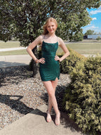 Dark Green Sequin Spaghetti Straps Cowl Neck Tight Homecoming Dress