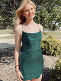 Dark Green Sequin Spaghetti Straps Cowl Neck Tight Homecoming Dress