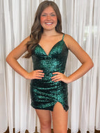 Dark Green Sequin Spaghetti Straps Open Back Tight Homecoming Dress