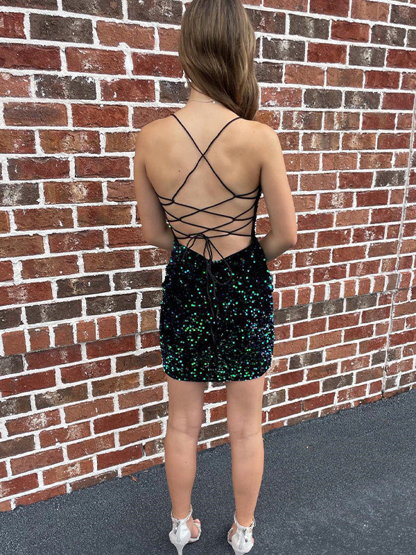 Dark Green V Neck Sequin Bodycon Short Homecoming Dress