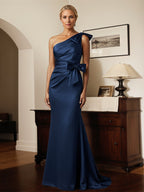 Dunkelmarineblaues Etuikleid/Column One-Shoulder Satin Mutter der Braut Kleid mit Schleifen