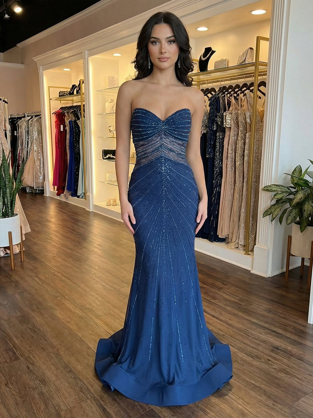 Abito da ballo a sirena blu navy scintillante senza spalline con perline