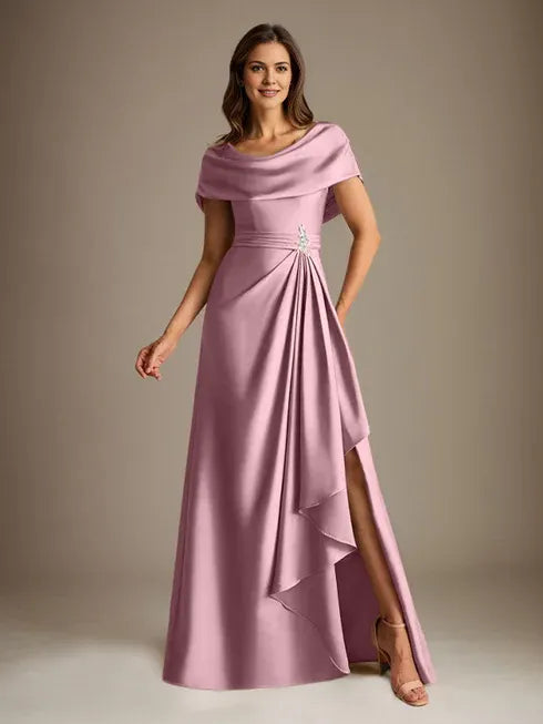 A-Linien-Kleid mit Rundhalsausschnitt, bodenlang, aus Stretch-Satin, Brautmutterkleid mit fallenden Rüschen