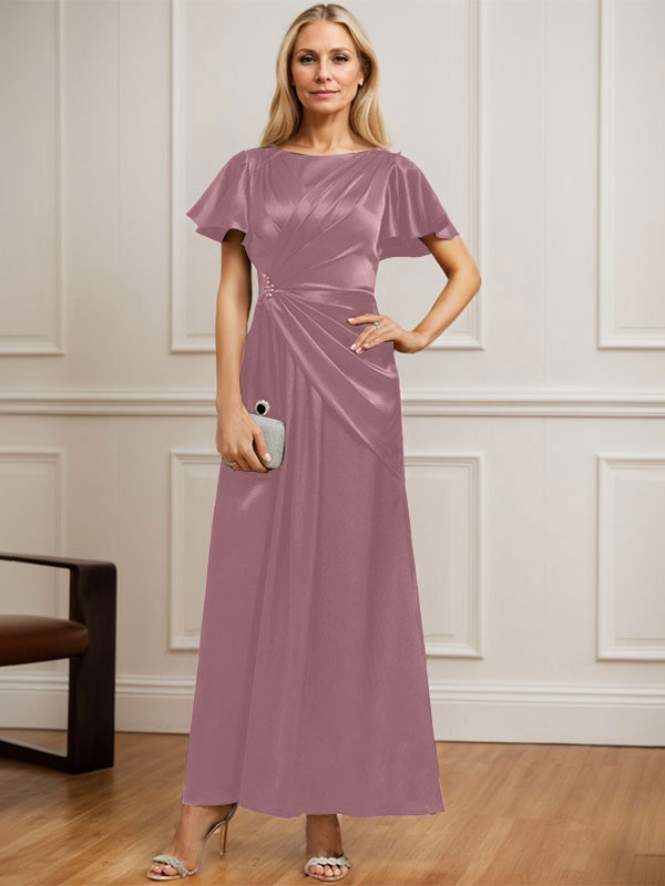 A-Linien Rundhals Knöchellanges Stretch Satin Mutter der Braut Kleid mit Plissierten Perlen