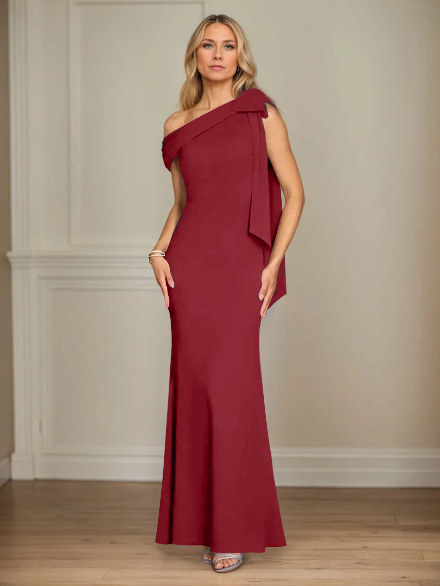 Trumpet/Mermaid Ein-Schulter Ärmelloses Stretch-Crêpe Kleid für die Brautmutter mit Schleife