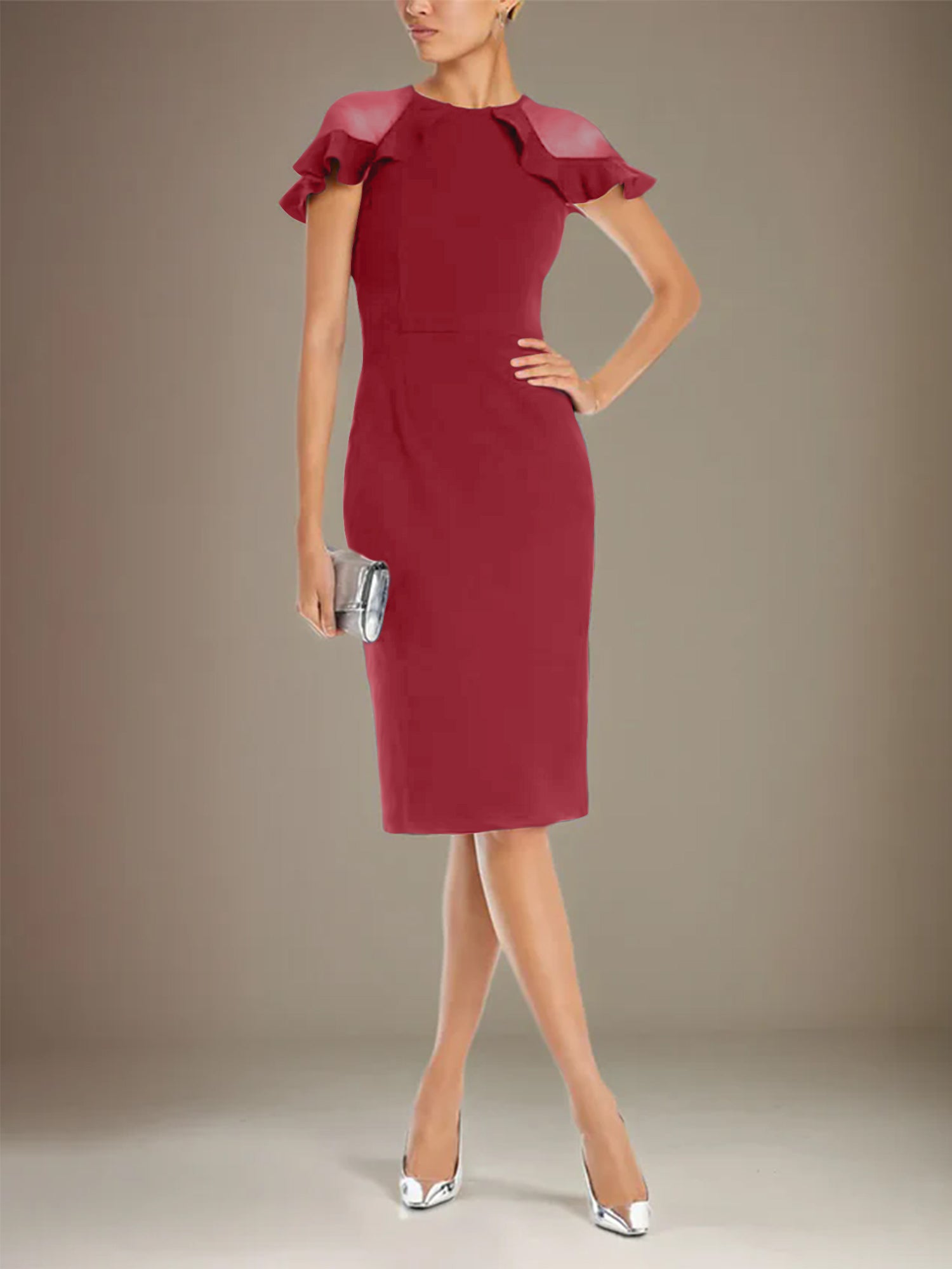 Etui/Column Stretch Krepp Kleid mit Rundhalsausschnitt, kurzen Ärmeln, knielang