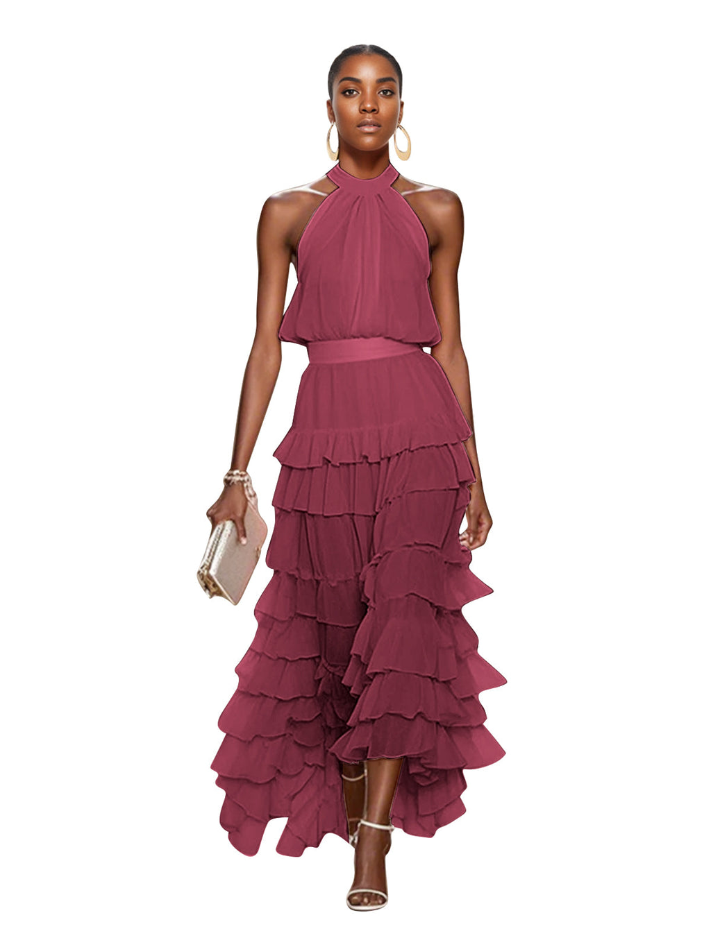 A Line Pink Chiffon Halter Neck Sleeveless Ankle Length Dress With Cascading Ruffles