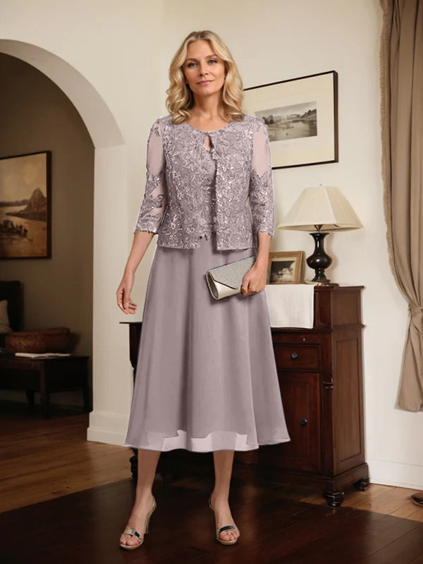 A-Linien Spitzen-Chiffon-Brautmutterkleid mit V-Ausschnitt, tea-length, mit Pailletten