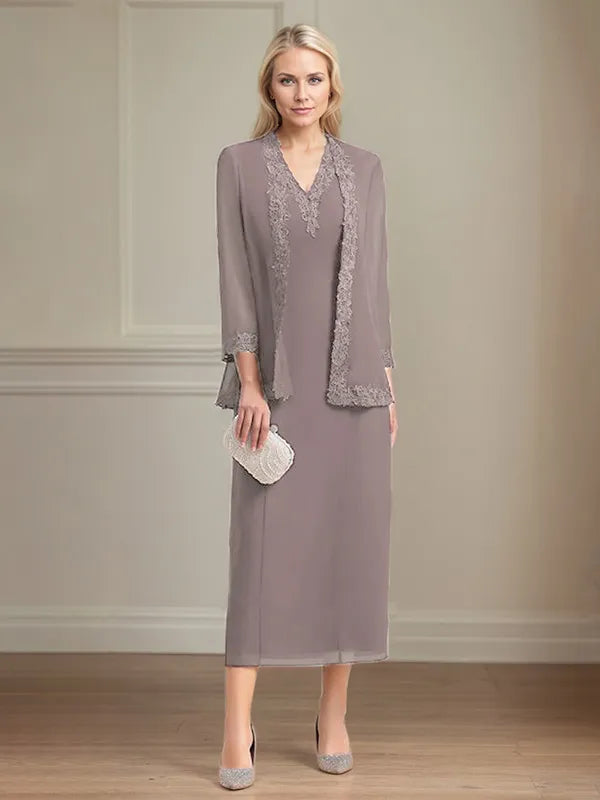 Etui/Column Chiffon V-Ausschnitt 3/4 Ärmel Tea-Length Kleid für die Mutter der Braut