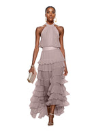A Line Pink Chiffon Halter Neck Sleeveless Ankle Length Dress With Cascading Ruffles