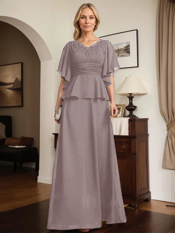 A-Linien Chiffon-Mutter-der-Braut-Kleid mit V-Ausschnitt, bodenlang, plissierte Perlenverzierung