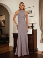 Dusty Blue Sheath Halter Long Mother of Bride Dress With Appliques