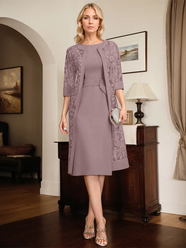 Etui-/Säulen-Kleid mit Rundhalsausschnitt, knielang, Chiffon, Mutter-der-Braut-Kleid mit plissierten Pailletten