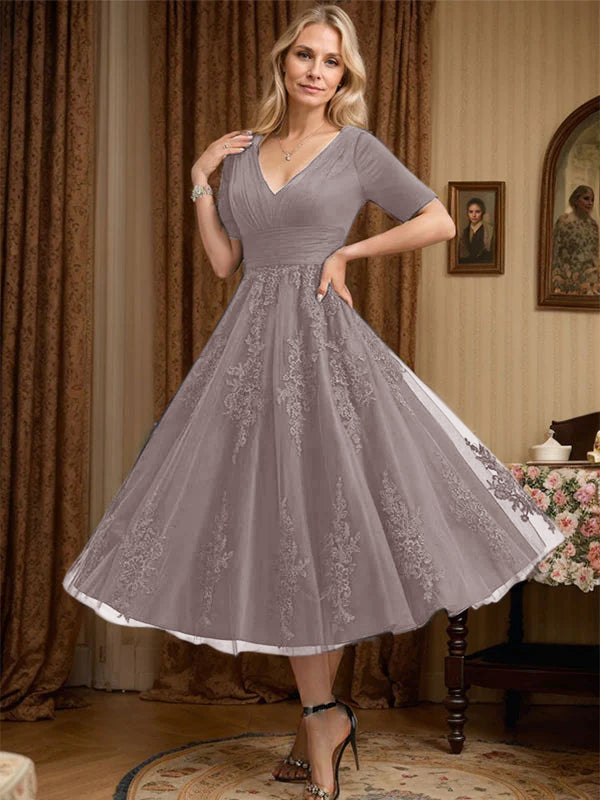 A-line V-Neck Tea-Length Tulle Lace Mother of the Bride Dress With Pleated