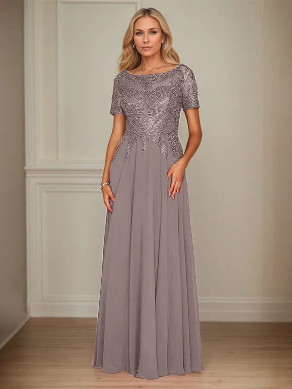 A Line Chiffon Boat Neck Short Sleeves Floor Length Mother of the Bride Dresses