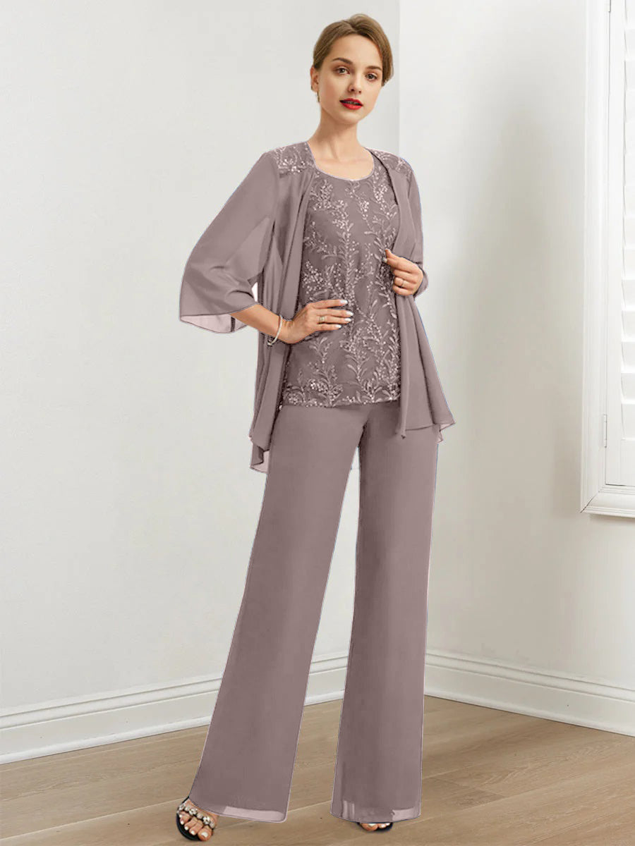 Chiffon Hosenanzüge für die Brautmutter mit Pailletten und Jacke