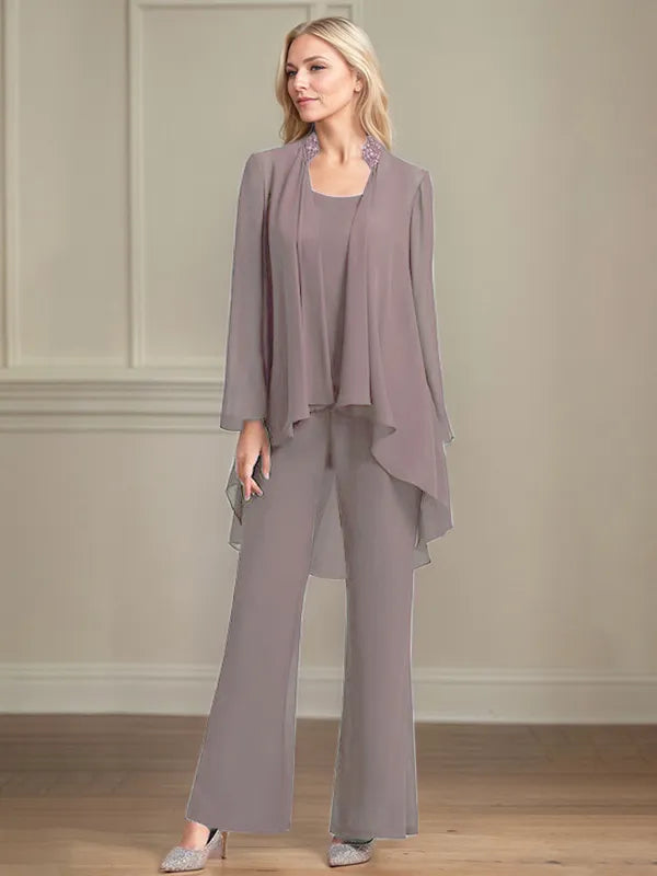 Chiffon Kleid mit Rundhalsausschnitt, langen Ärmeln, bodenlang, Hosenanzug für die Brautmutter