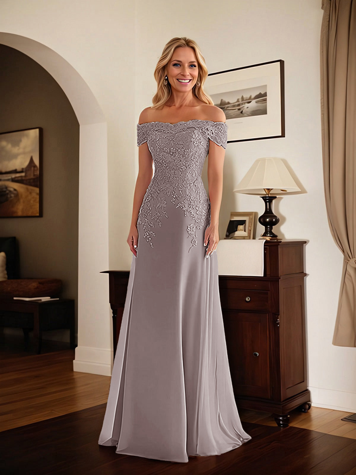 Elegantes taupefarbenes schulterfreies Etuikleid Mutter der Braut Kleid mit Spitze