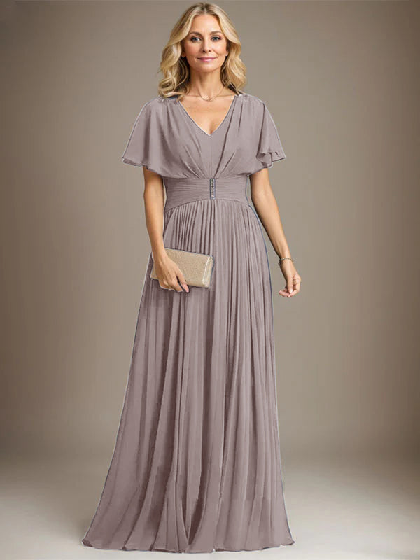 A-Linien V-Ausschnitt Bodenlanges Chiffon Brautmutterkleid mit Kristallbrosche und Plisseefalten