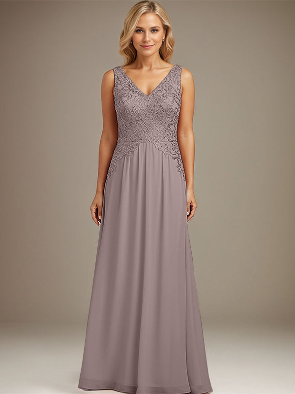Bordeauxrotes A-Linien-Kleid mit V-Ausschnitt, bodenlang, aus Spitze und Chiffon, Mutter der Braut Kleid