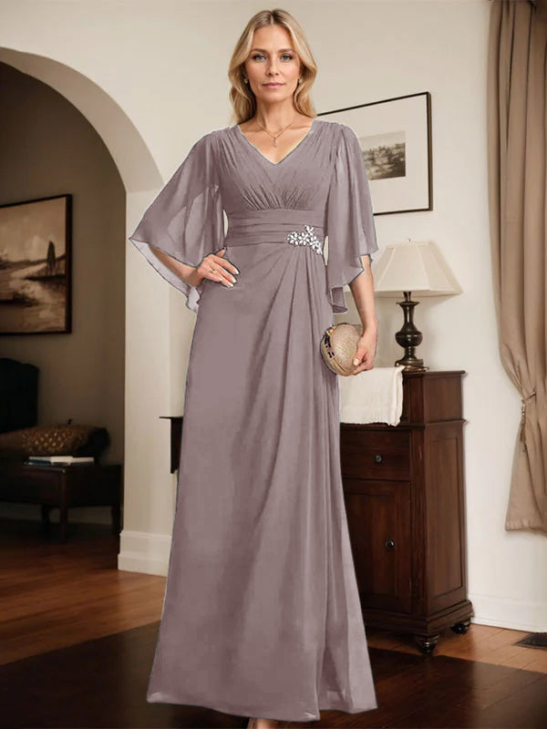 Etuikleid/Säule V-Ausschnitt bodenlanges Chiffon Mutter-der-Braut-Kleid mit plissierten Pailletten und Perlen