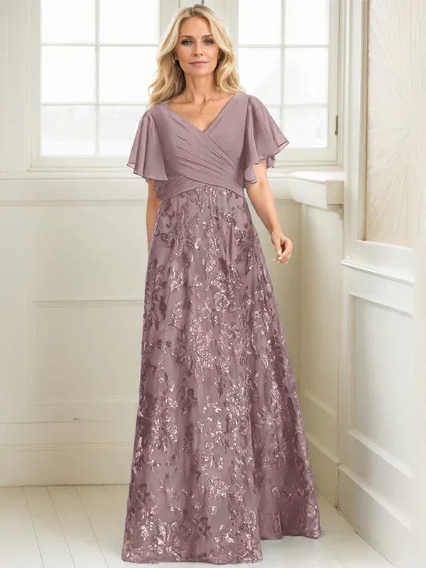 Vestido de madre de la novia en línea A con escote en V, largo hasta el suelo, encaje, lentejuelas y gasa plisada