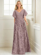 Vestido de madre de la novia en línea A con escote en V, largo hasta el suelo, encaje, lentejuelas y gasa plisada
