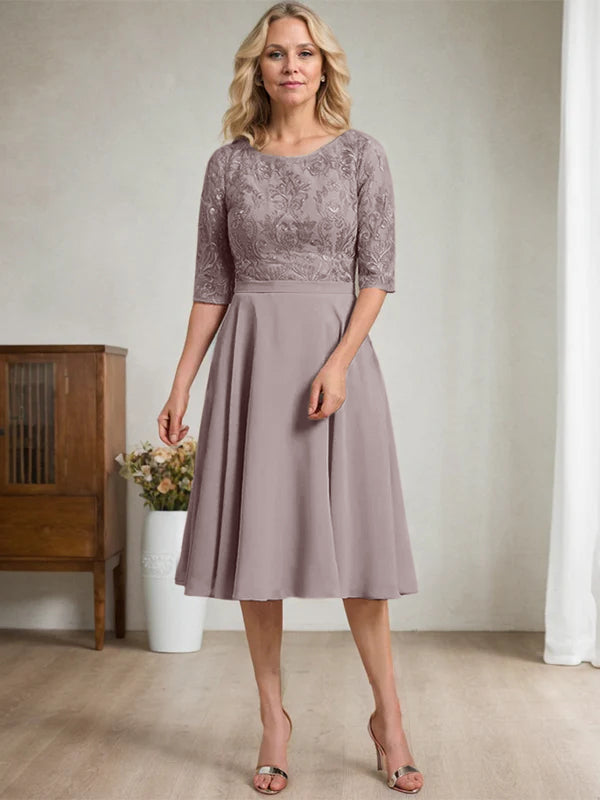 A-Linien Rundhalsausschnitt knielanges Spitzen-Chiffon Kleid für die Mutter der Braut