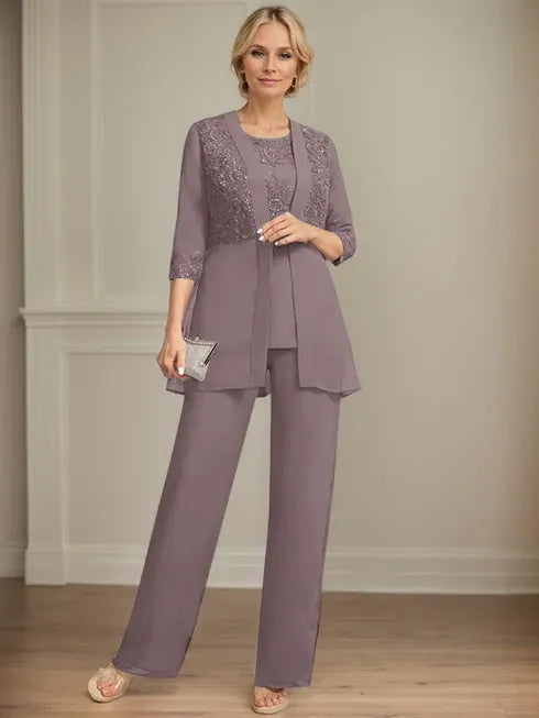Combinaison/pantalon séparé en mousseline et dentelle, longueur au sol, col rond, robe mère de la mariée avec sequins