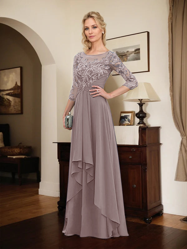 Robe mère de la mariée en ligne A avec col rond illusion, dentelle et chiffon longueur sol avec volants en cascade