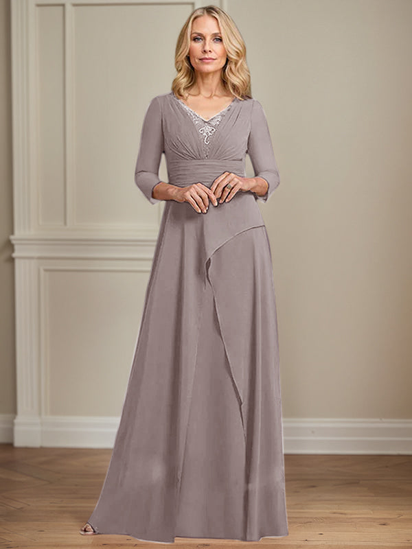 A-Linien Chiffon-Mutter-der-Braut-Kleid mit V-Ausschnitt, bodenlang, plissierte Perlenverzierung