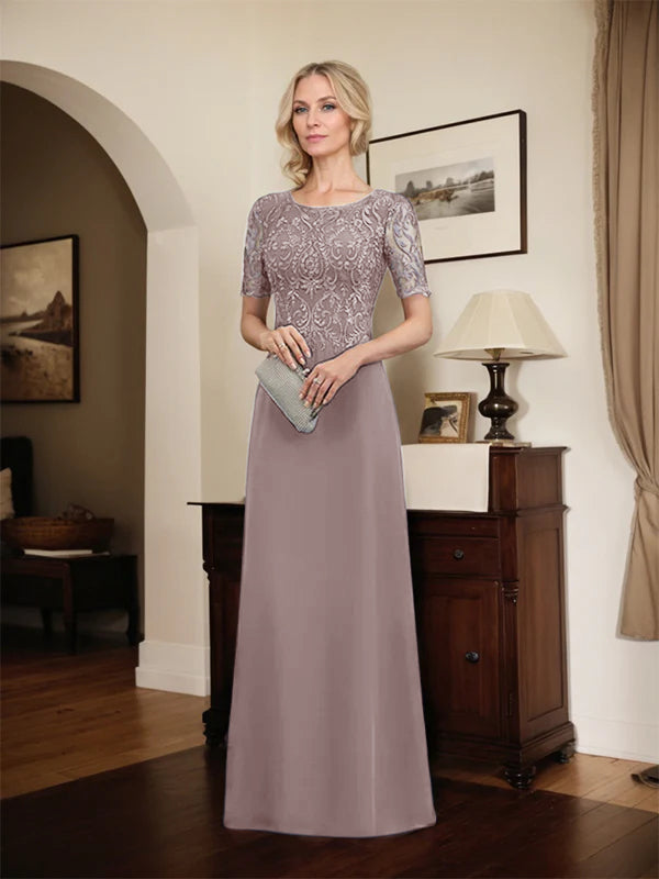 A-Linien Spitzen-Chiffon-Mutter-der-Braut-Kleid mit Rundhalsausschnitt, bodenlang und Pailletten