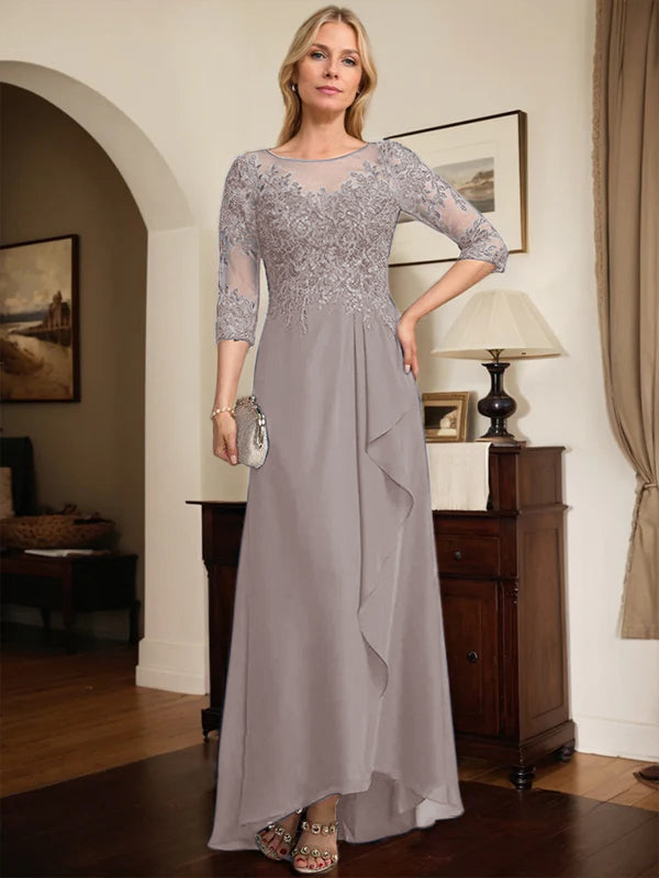 A-Linien Rundhals Illusions-Asymmetrische Spitze Chiffon Brautmutterkleid mit Pailletten und fallenden Rüschen