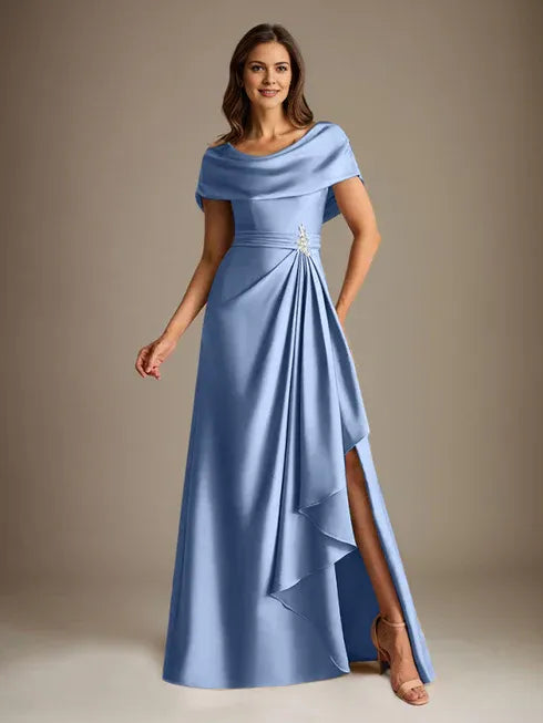 A-Linien-Kleid mit Rundhalsausschnitt, bodenlang, aus Stretch-Satin, Brautmutterkleid mit fallenden Rüschen