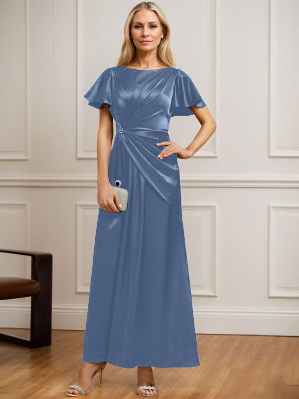 A-Linien Rundhals Knöchellanges Stretch Satin Mutter der Braut Kleid mit Plissierten Perlen