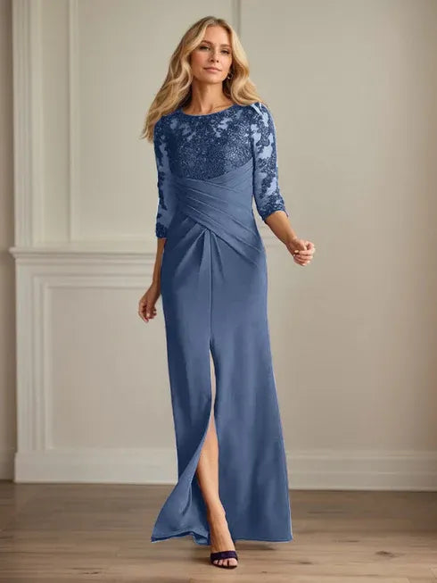 Pflaumenfarbenes eng anliegendes Spitzen Stretch Krepp Kleid für die Brautmutter