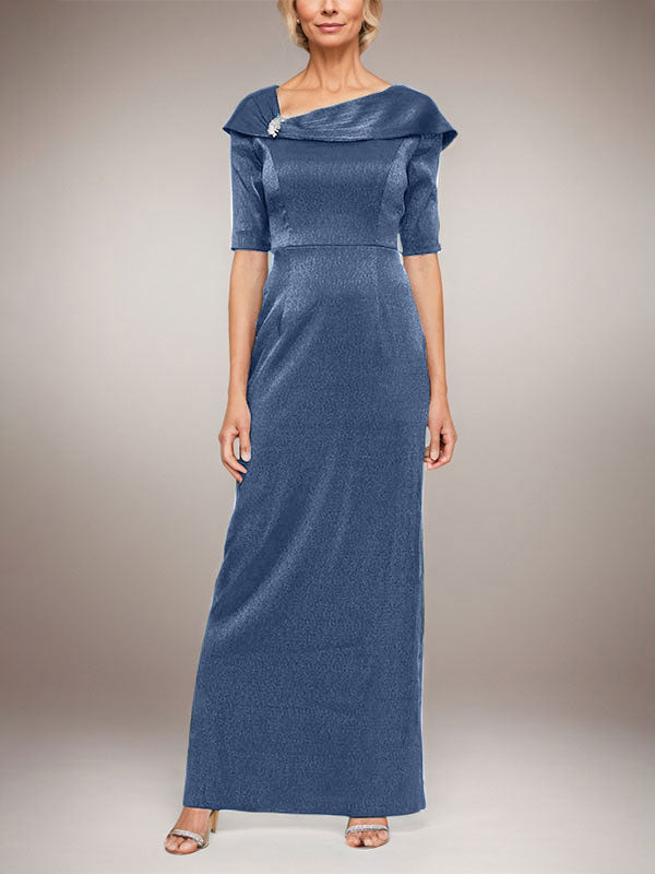 Langes schimmerndes Säulenkleid mit umgeschlagenem Ärmelbündchen, L-Ausschnitt und Ellbogenärmeln