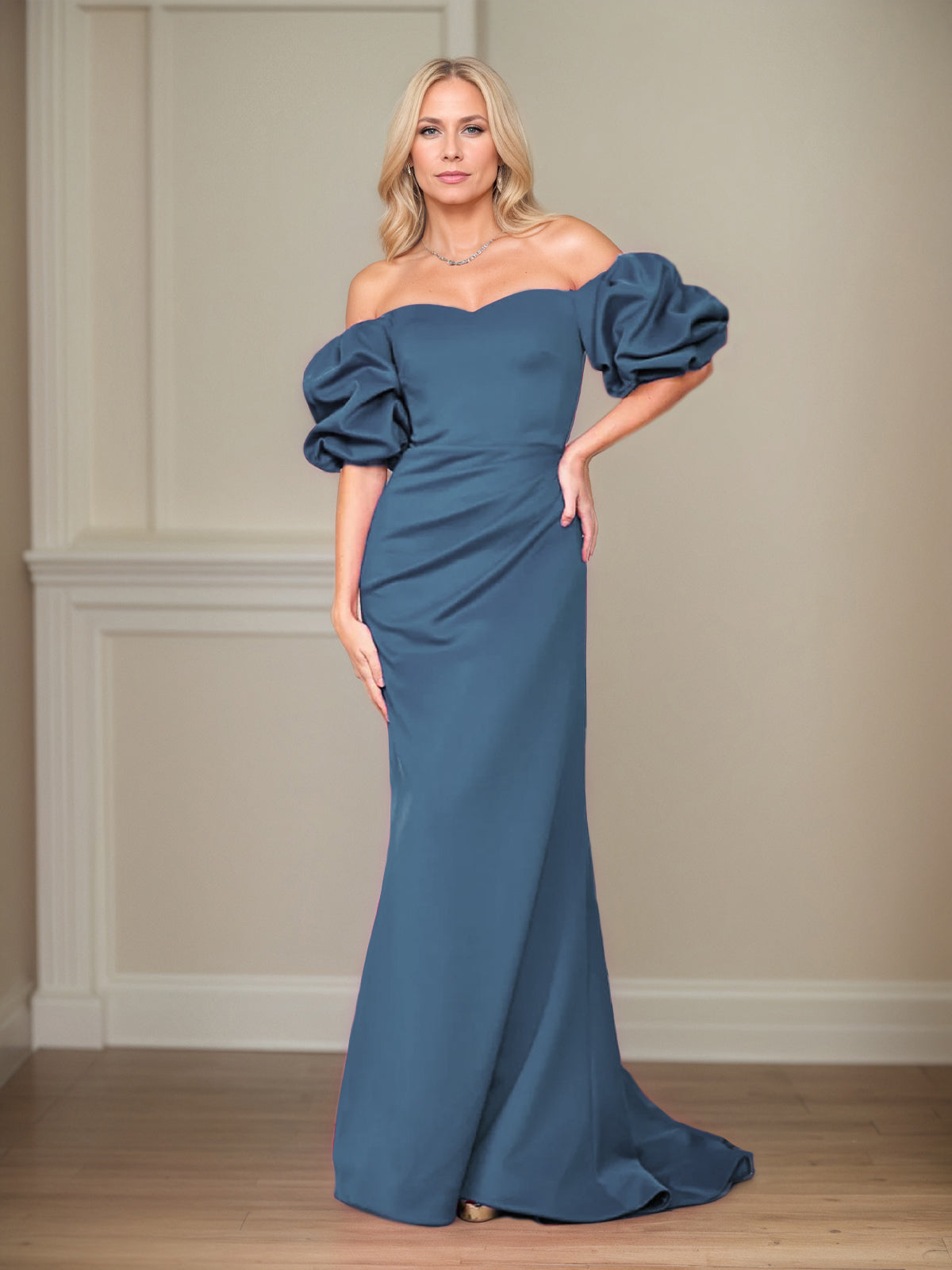 Satin Etuikleid/Säulenkleid mit schulterfreiem Puffärmel, bodenlang, Mutter der Braut Kleid